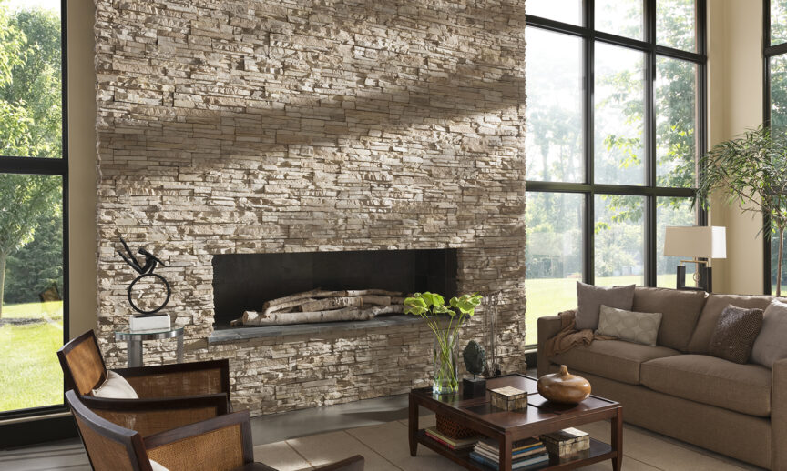 manufactured stacked stone fireplace