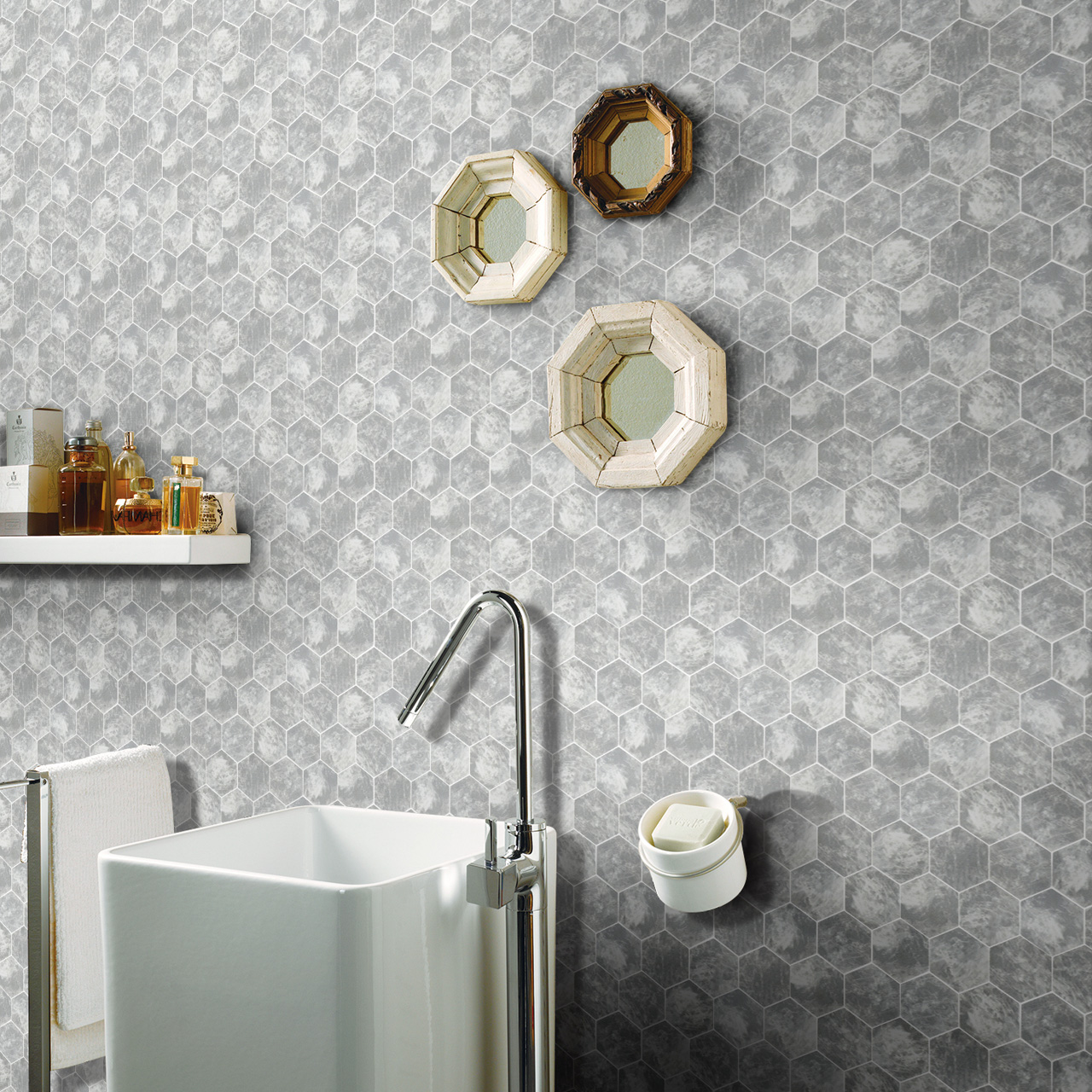 grey hexagon bathroom feature wall