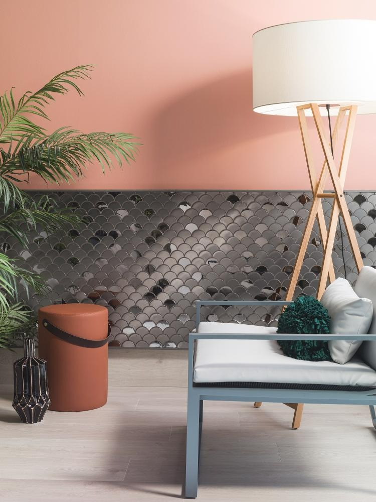 fan shaped black tile living room feature wall