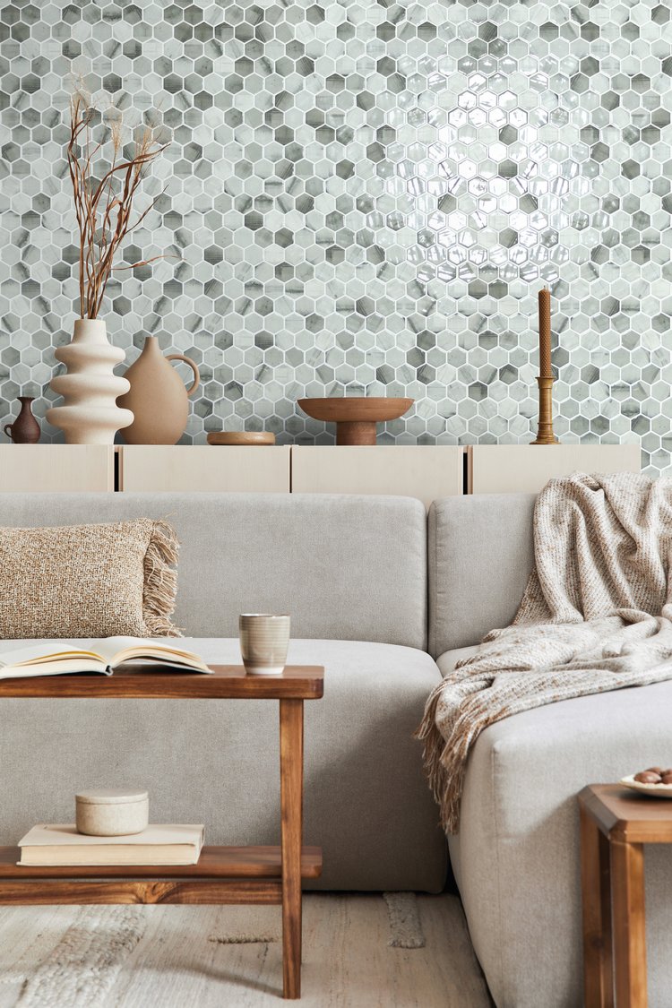 grey and white hexagon living room feature wall
