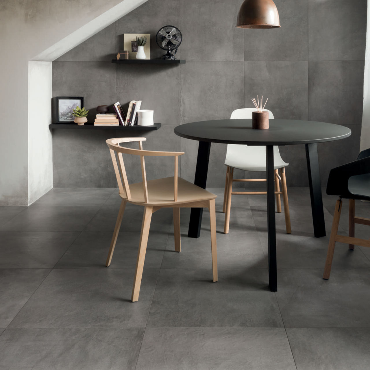dark grey 24x24 square wall floor tile dining room